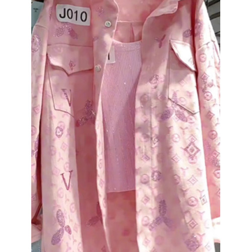 重工燙鑽印花粉色繙領襯衫外套女秋2026新款小個子寬鬆休閒防曬衣