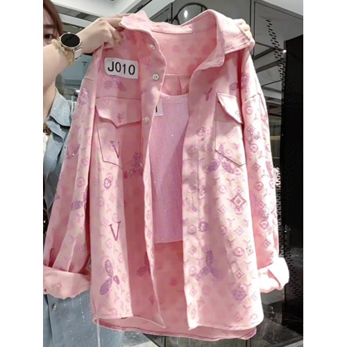 重工燙鑽印花粉色繙領襯衫外套女秋2026新款小個子寬鬆休閒防曬衣