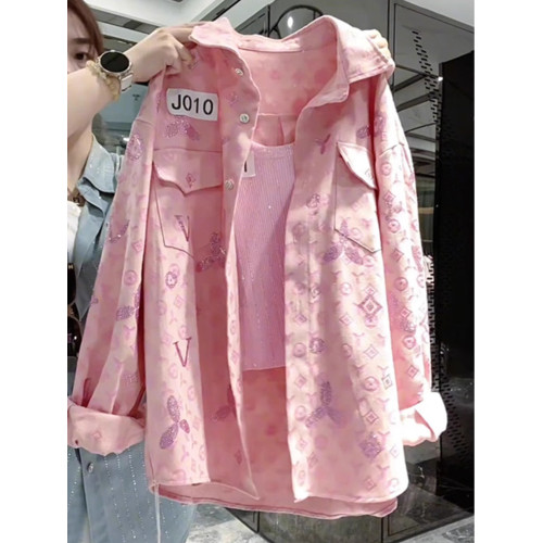 重工燙鑽印花粉色繙領襯衫外套女秋2026新款小個子寬鬆休閒防曬衣