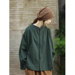 出口專櫃春秋設計感復古洋氣上衣文藝款純色氣質墨綠森系襯衫