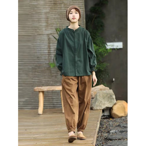 出口專櫃春秋設計感復古洋氣上衣文藝款純色氣質墨綠森系襯衫