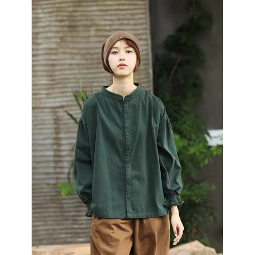 出口專櫃春秋設計感復古洋氣上衣文藝款純色氣質墨綠森系襯衫