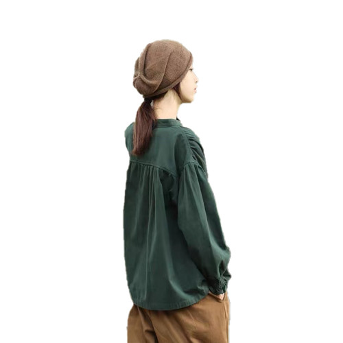 出口專櫃春秋設計感復古洋氣上衣文藝款純色氣質墨綠森系襯衫
