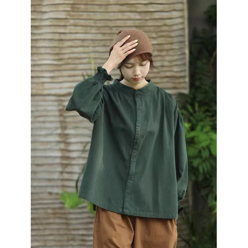 出口專櫃春秋設計感復古洋氣上衣文藝款純色氣質墨綠森系襯衫