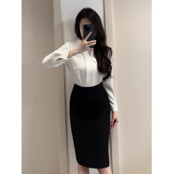 大碼女裝領帶襯衫半身裙套裝胖mm長袖雪紡襯衫職業打底襯衣套裝裙