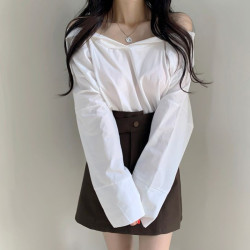 韓國chic秋季法式復古設計感性感一字領露肩蝙蝠袖套頭襯衫上衣女
