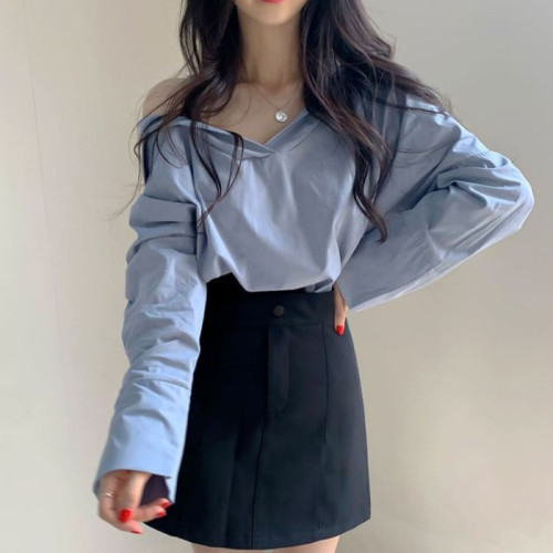 韓國chic秋季法式復古設計感性感一字領露肩蝙蝠袖套頭襯衫上衣女