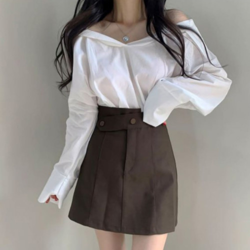 韓國chic秋季法式復古設計感性感一字領露肩蝙蝠袖套頭襯衫上衣女