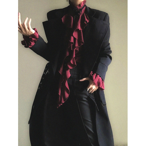 ASAE 宮廷風酒紅色襯衫法式復古燈籠袖荷葉邊長袖襯衣男女上衣