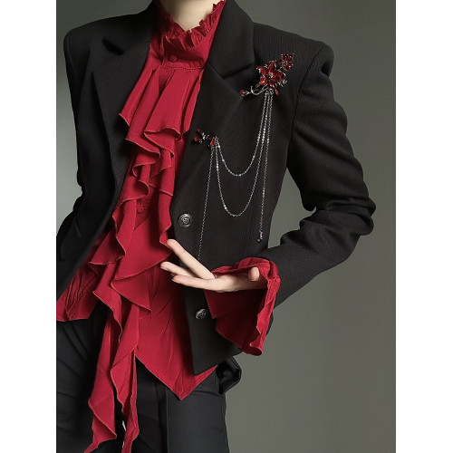 ASAE 宮廷風酒紅色襯衫法式復古燈籠袖荷葉邊長袖襯衣男女上衣