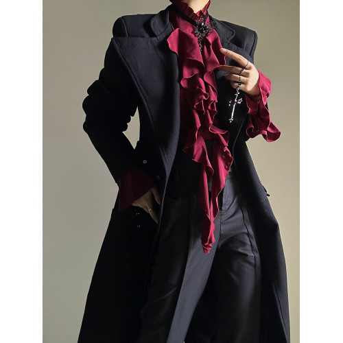 ASAE 宮廷風酒紅色襯衫法式復古燈籠袖荷葉邊長袖襯衣男女上衣