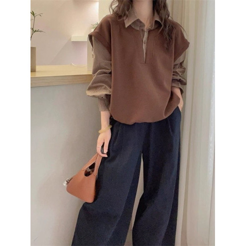 文藝復古格子襯衫女長袖春秋女裝2026設計感假兩件內搭打底衫上衣