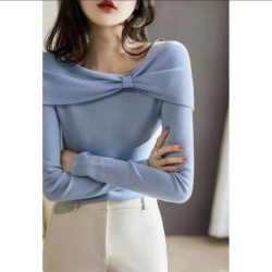 氣質優雅一字領披肩蝴蝶結修身針織打底衫女2025秋季新款百搭上衣