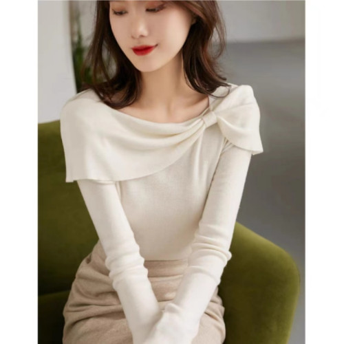 氣質優雅一字領披肩蝴蝶結修身針織打底衫女2025秋季新款百搭上衣