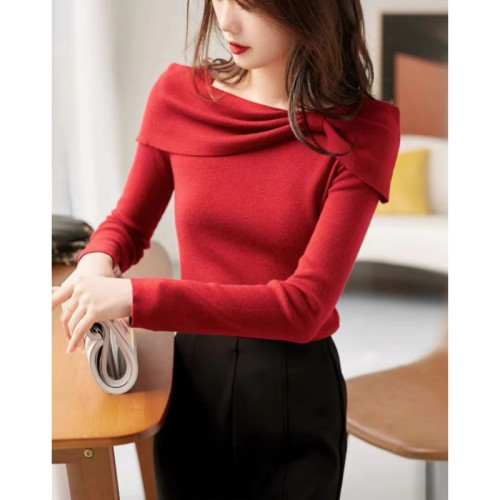 氣質優雅一字領披肩蝴蝶結修身針織打底衫女2025秋季新款百搭上衣