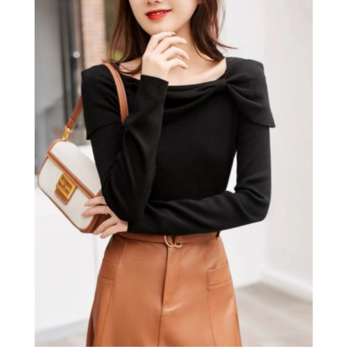 氣質優雅一字領披肩蝴蝶結修身針織打底衫女2025秋季新款百搭上衣