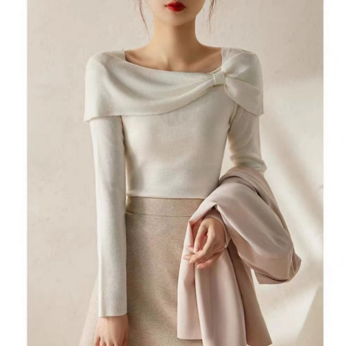 氣質優雅一字領披肩蝴蝶結修身針織打底衫女2025秋季新款百搭上衣