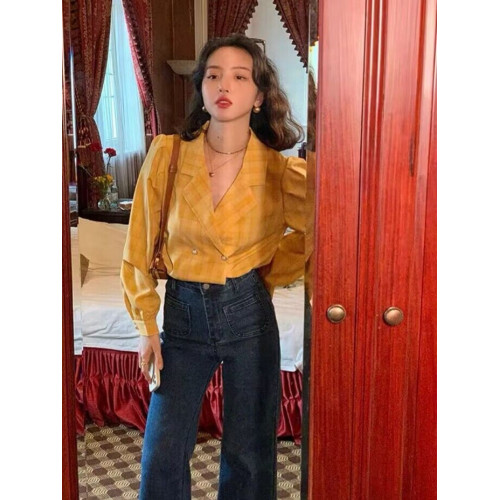 港風復古綠色泡泡袖格紋襯衫女2025年春季新款修身西裝領長袖上衣