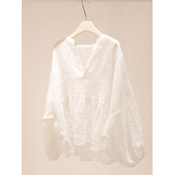 2026年夏新款法式通勤氣質長袖V領小衫女文藝寬鬆簡約顯瘦薄上衣