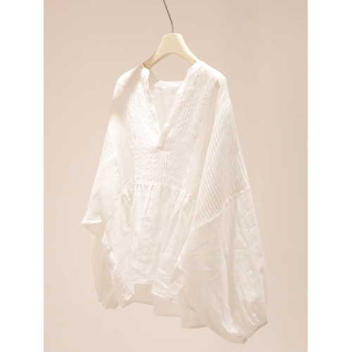 2026年夏新款法式通勤氣質長袖V領小衫女文藝寬鬆簡約顯瘦薄上衣