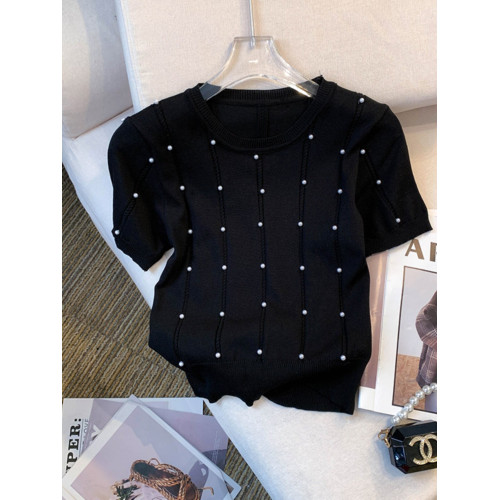 廣州十三行爆款女裝夏新款設計感薄款修身圓領T恤短袖冰絲針織女