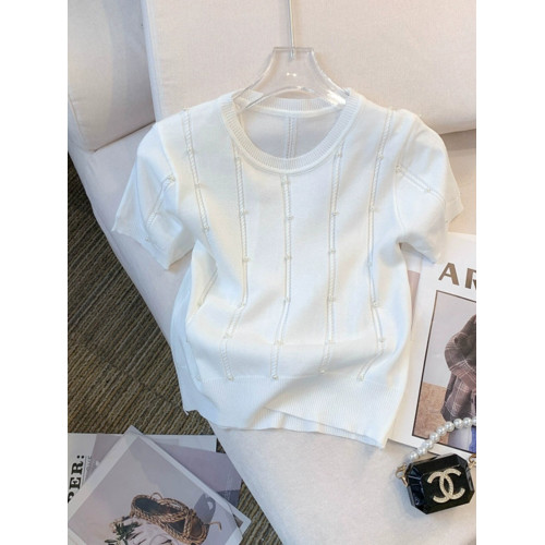 廣州十三行爆款女裝夏新款設計感薄款修身圓領T恤短袖冰絲針織女