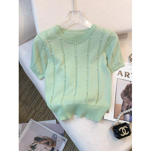 廣州十三行爆款女裝夏新款設計感薄款修身圓領T恤短袖冰絲針織女