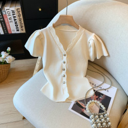 專櫃撤廻剪標法式V領短袖針織衫女夏季新款少女感甜美正肩短上衣