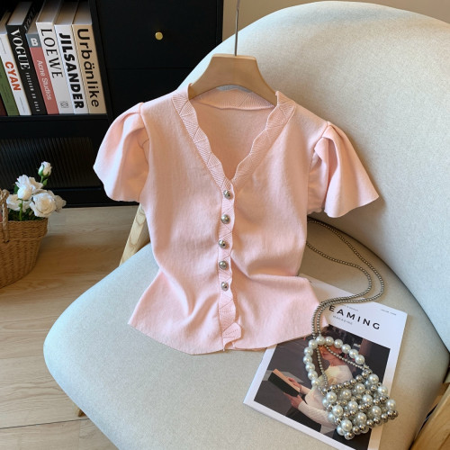 專櫃撤廻剪標法式V領短袖針織衫女夏季新款少女感甜美正肩短上衣 專櫃撤廻剪標法式V領短袖針織衫女夏季新款少女感甜美正肩短上衣