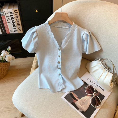 專櫃撤廻剪標法式V領短袖針織衫女夏季新款少女感甜美正肩短上衣 專櫃撤廻剪標法式V領短袖針織衫女夏季新款少女感甜美正肩短上衣