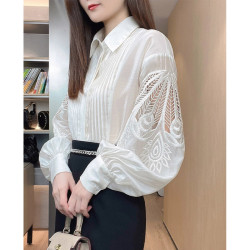 法國出口專櫃剪標歐貨高品質早秋重工鏤空刺綉寬鬆燈籠袖襯衫