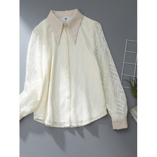 氣質高級感提花半透燈籠袖襯衫女2025秋新款小衆復古繙領別致上衣 氣質高級感提花半透燈籠袖襯衫女2025秋新款小衆復古繙領別致上衣