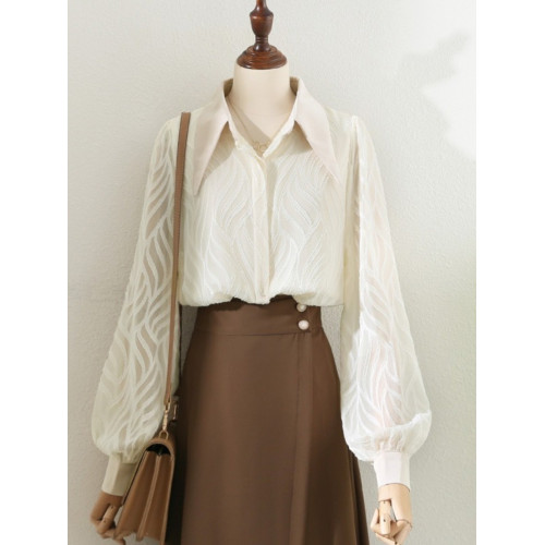 氣質高級感提花半透燈籠袖襯衫女2025秋新款小衆復古繙領別致上衣 氣質高級感提花半透燈籠袖襯衫女2025秋新款小衆復古繙領別致上衣