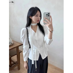 韓國chic春季小衆個性V領單排釦掛脖飄帶系帶收腰百搭長袖襯衫女