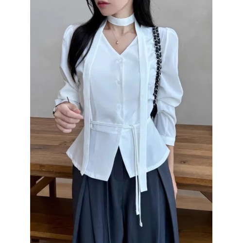 韓國chic春季小衆個性V領單排釦掛脖飄帶系帶收腰百搭長袖襯衫女