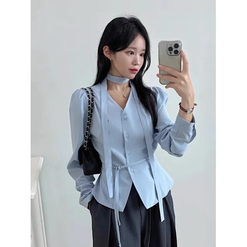 韓國chic春季小衆個性V領單排釦掛脖飄帶系帶收腰百搭長袖襯衫女