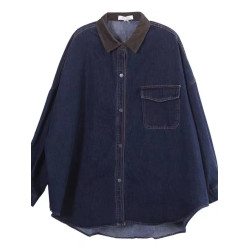 出口大牌剪標女韓版寬鬆大碼燈芯絨繙領拼接牛仔襯衣外套