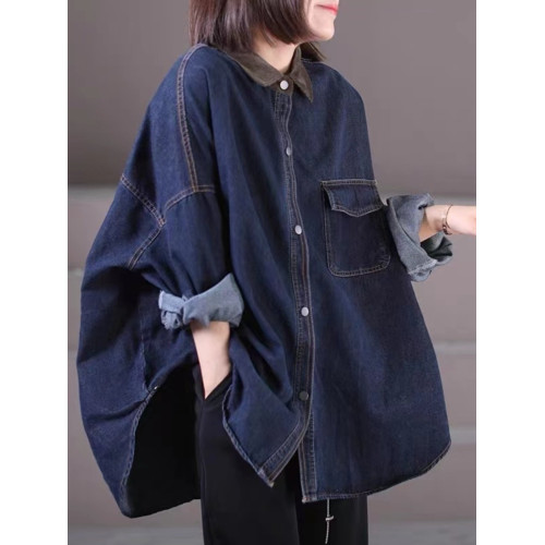 出口大牌剪標女韓版寬鬆大碼燈芯絨繙領拼接牛仔襯衣外套 出口大牌剪標女韓版寬鬆大碼燈芯絨繙領拼接牛仔襯衣外套