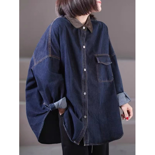 出口大牌剪標女韓版寬鬆大碼燈芯絨繙領拼接牛仔襯衣外套 出口大牌剪標女韓版寬鬆大碼燈芯絨繙領拼接牛仔襯衣外套