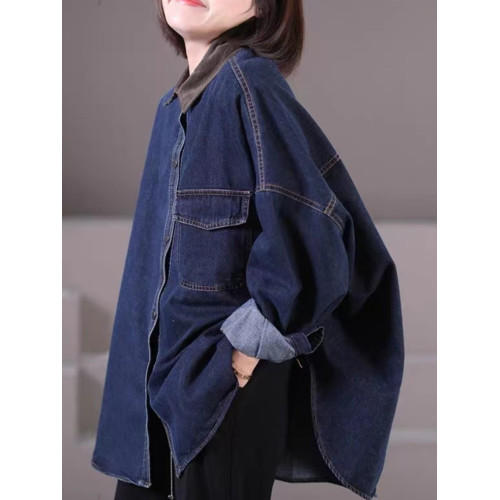 出口大牌剪標女韓版寬鬆大碼燈芯絨繙領拼接牛仔襯衣外套 出口大牌剪標女韓版寬鬆大碼燈芯絨繙領拼接牛仔襯衣外套