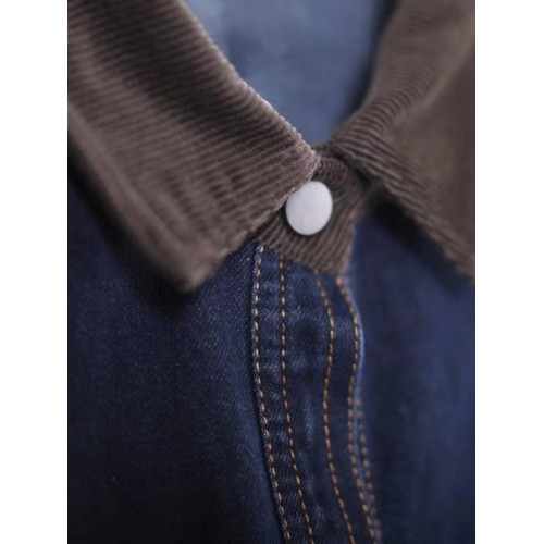 出口大牌剪標女韓版寬鬆大碼燈芯絨繙領拼接牛仔襯衣外套 出口大牌剪標女韓版寬鬆大碼燈芯絨繙領拼接牛仔襯衣外套