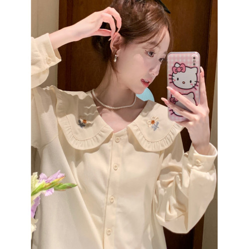 2025年春秋襯衣女法式甜美寬鬆休閒娃娃領襯衣刺綉小衆學院風襯衫