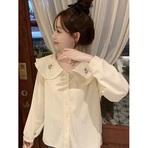 2025年春秋襯衣女法式甜美寬鬆休閒娃娃領襯衣刺綉小衆學院風襯衫