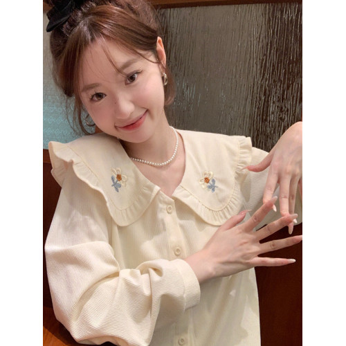 2025年春秋襯衣女法式甜美寬鬆休閒娃娃領襯衣刺綉小衆學院風襯衫