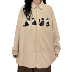 UATONLINE早秋美式復古寬鬆潮牌趣味貓咪刺綉燈芯絨長袖襯衫上衣