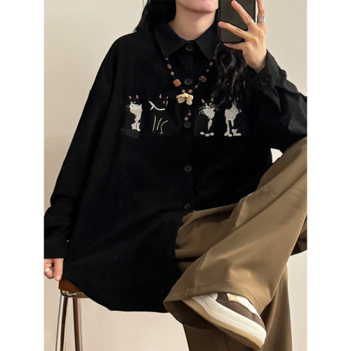 UATONLINE早秋美式復古寬鬆潮牌趣味貓咪刺綉燈芯絨長袖襯衫上衣