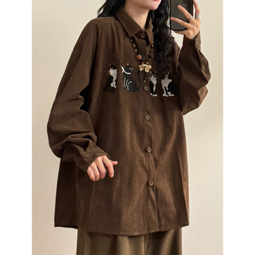 UATONLINE早秋美式復古寬鬆潮牌趣味貓咪刺綉燈芯絨長袖襯衫上衣