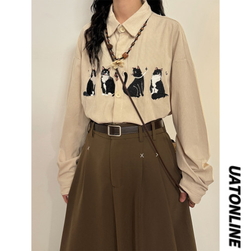 UATONLINE早秋美式復古寬鬆潮牌趣味貓咪刺綉燈芯絨長袖襯衫上衣