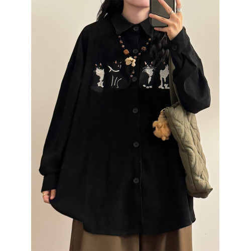 UATONLINE早秋美式復古寬鬆潮牌趣味貓咪刺綉燈芯絨長袖襯衫上衣