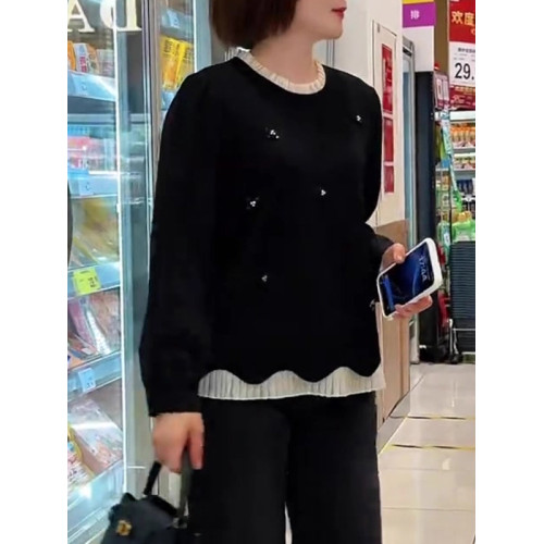 黑色假兩件釘珠襯衫女2026春季新款大碼胖MM寬鬆顯瘦長袖百搭上衣